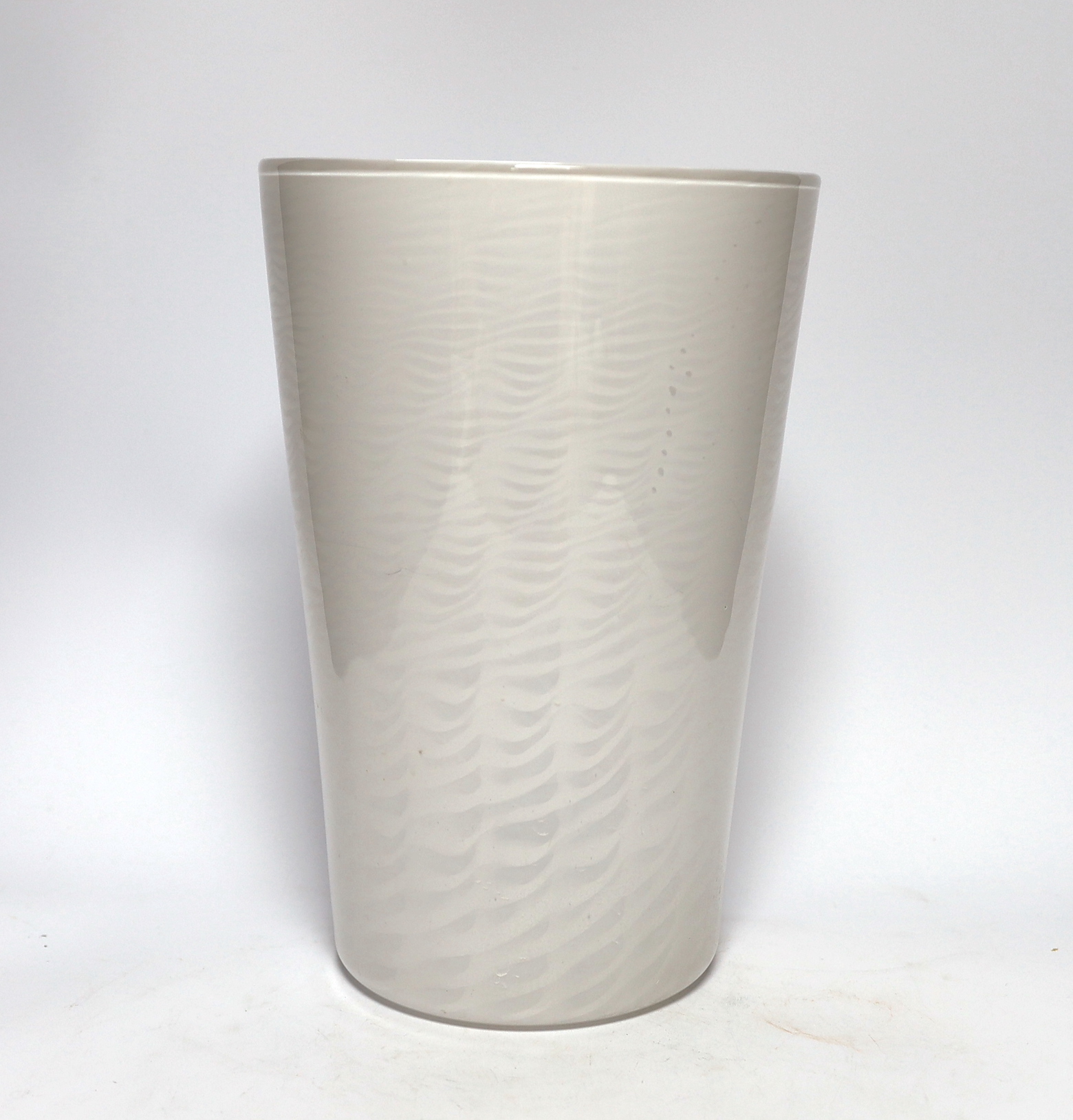 A Whitefriars ‘cloudy white lattice’ glass beaker vase, 30cm high